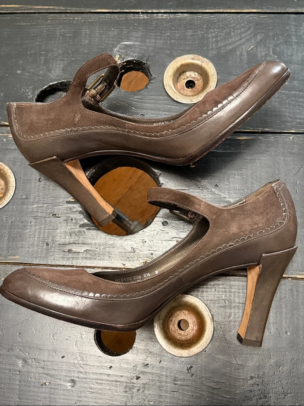 Cole Haan Dark Brown Suede & Leather Scallop Trim Mary Jane Heels